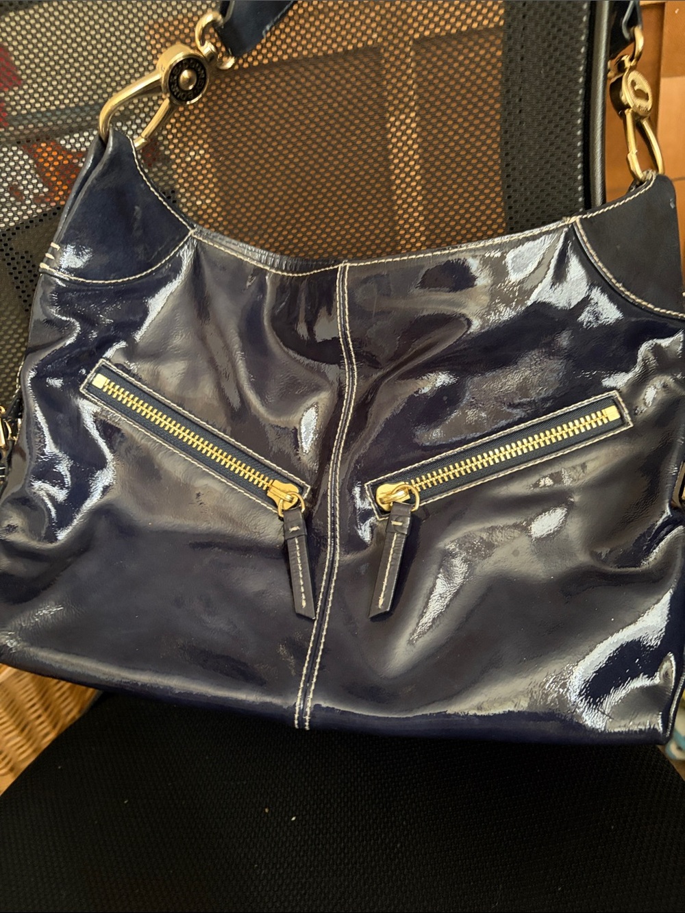 Dooney & Bourke Navy Patent Leather Shoulder Bag with Gold Hardware